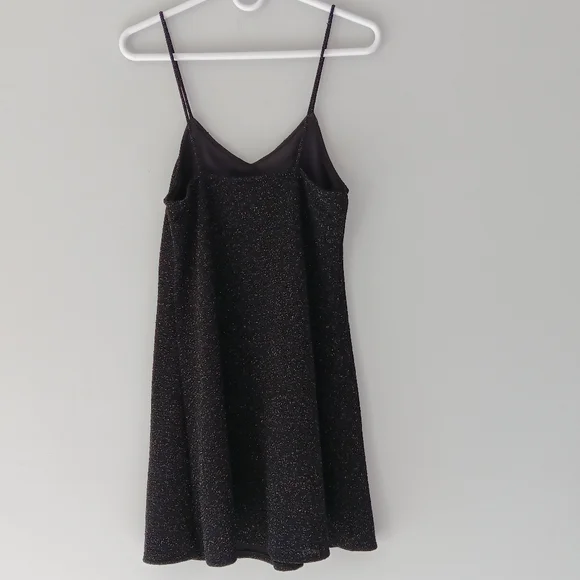 Angie Slip Mini Dress Black Silver Metallic Shimmer Spaghetti Strap Low V Medium - Picture 13 of 14
